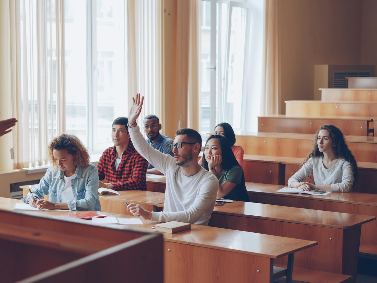 Students participating in a university lecture hall